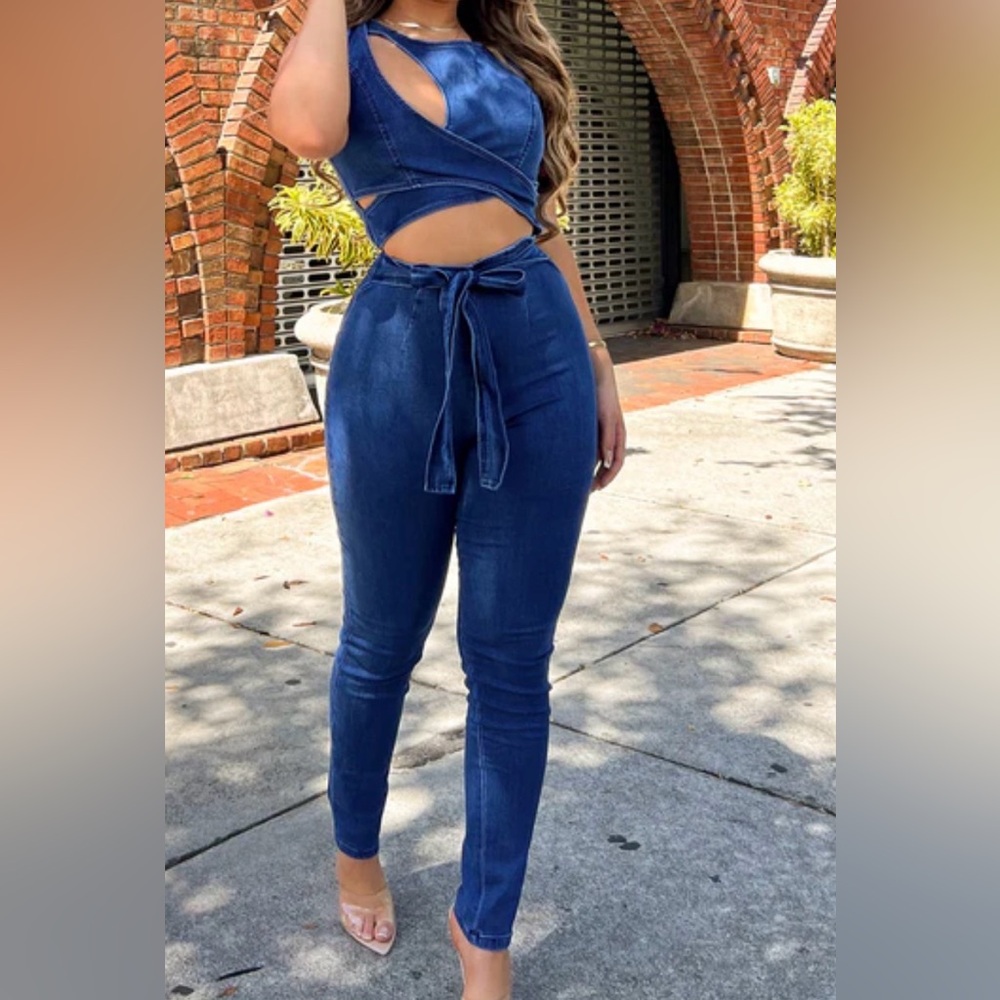 Fashion Nova Distressed Denim Jumpsuit